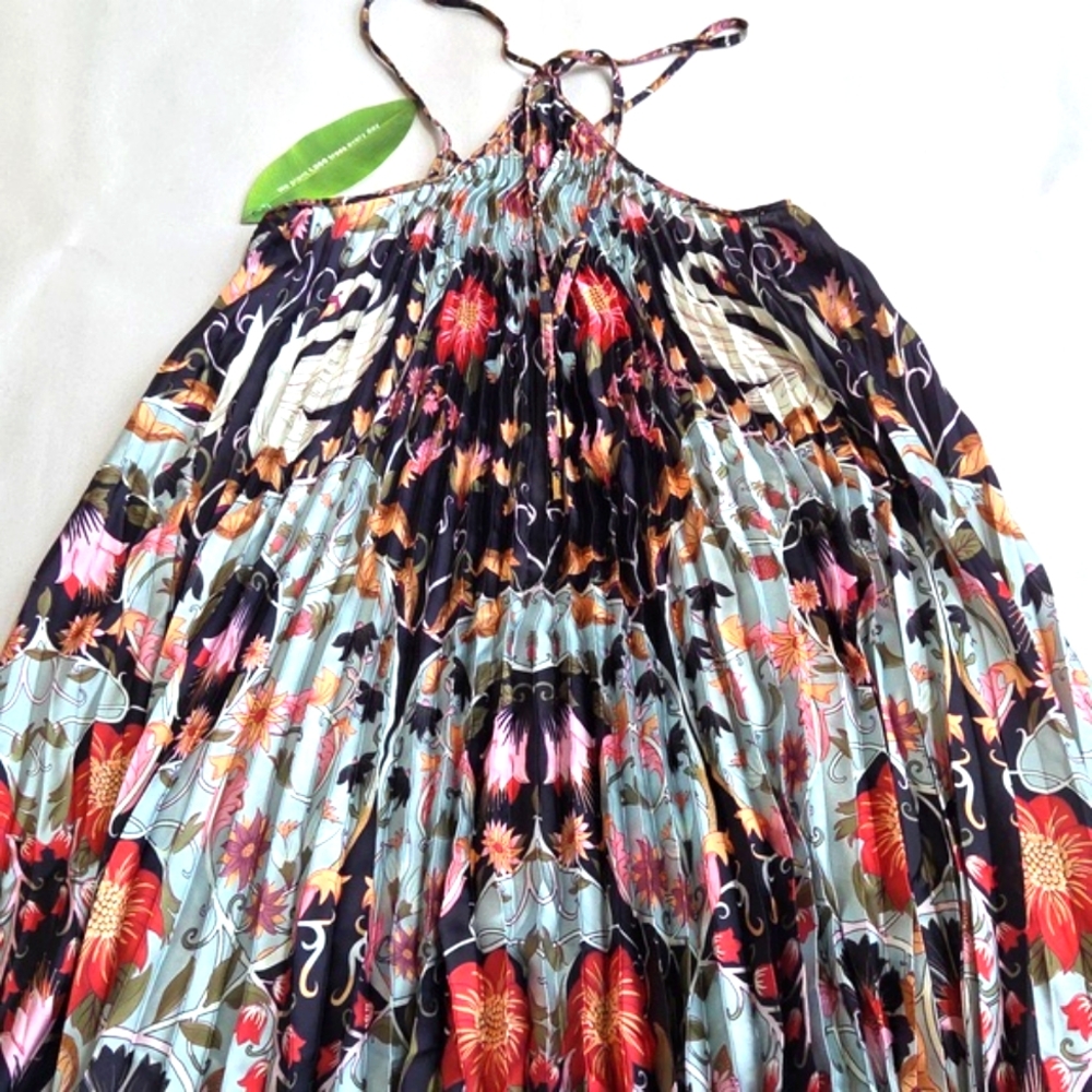 NWT$280 FARM RIO Blue Flowing Beauty Pleated Sleeveless Midi Dress Size Large - Picture 14 of 16